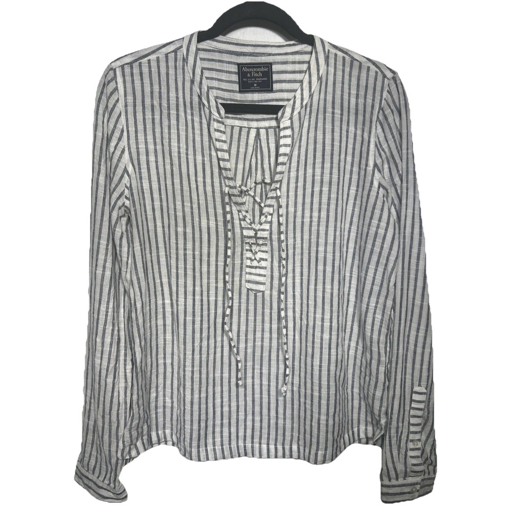 Abercrombie & Fitch Lace Up Popover Blouse 100% Cotton White Stripe Women's Sz M